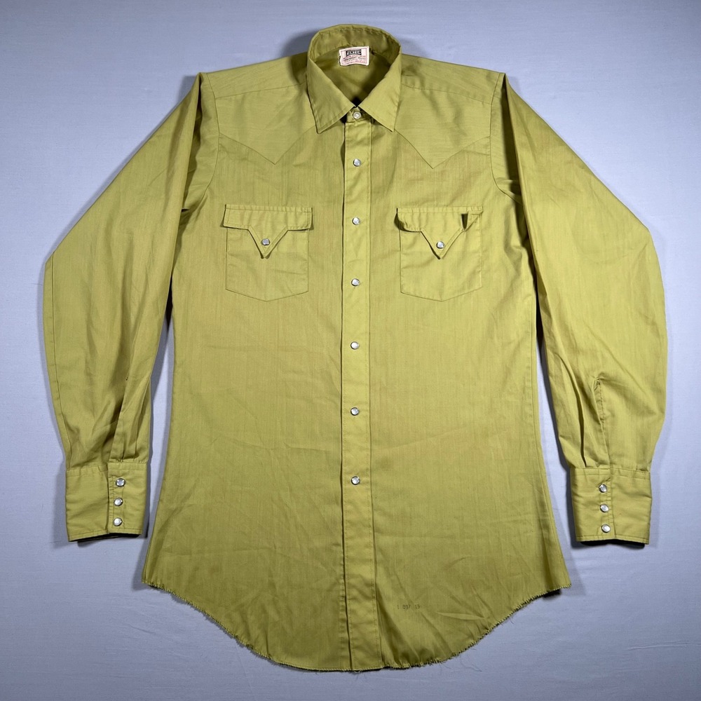 Vintage 60s Fenton Western Sportswear Pearl Snap Shirt Mens 15 M Olive Green USA